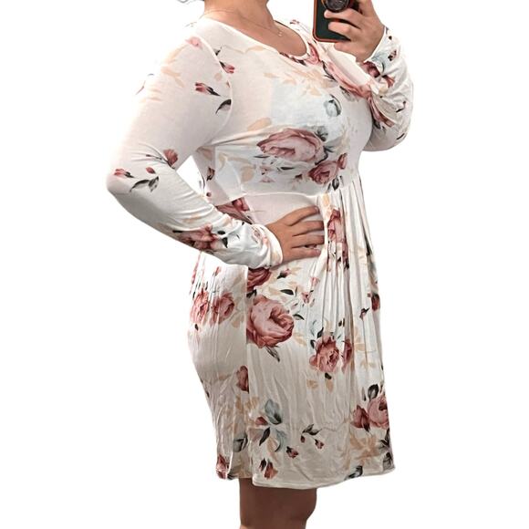 Pink Lily MEDIUM White Pink Floral Long Sleeve Scoop Round Neck Fit Flare Dress - Picture 2 of 7